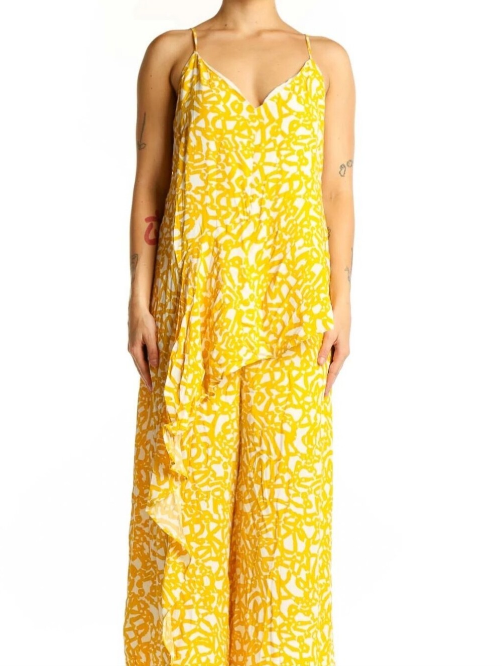 Maeve Anthropologie Yellow White Printed Wide Leg Jumpsuit Size 6 Strappy